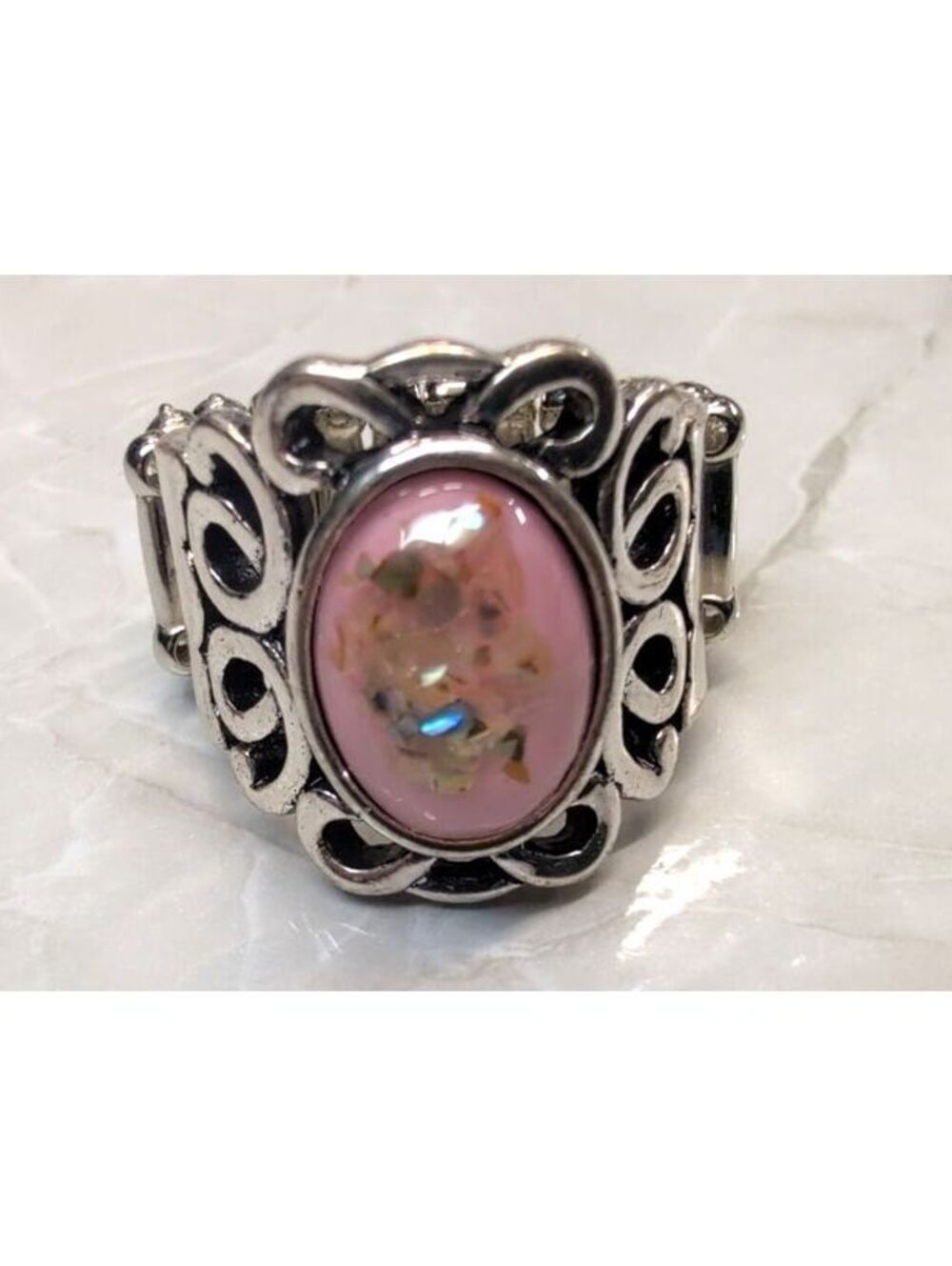 New Adjustable Silver Tone Ring Pink Oval Confetti Stone Flexible Band Stretch